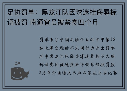 足协罚单：黑龙江队因球迷挂侮辱标语被罚 南通官员被禁赛四个月
