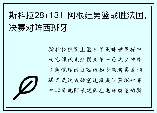 斯科拉28+13！阿根廷男篮战胜法国，决赛对阵西班牙