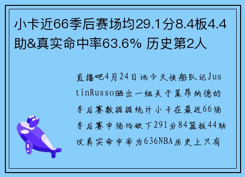 小卡近66季后赛场均29.1分8.4板4.4助&真实命中率63.6% 历史第2人